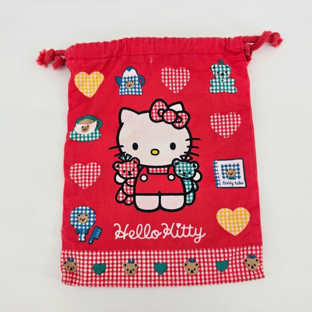 Vintage Sanrio 1995 Hello Kitty Teddy Tales Red Drawstring Pouch Bag Gingham
